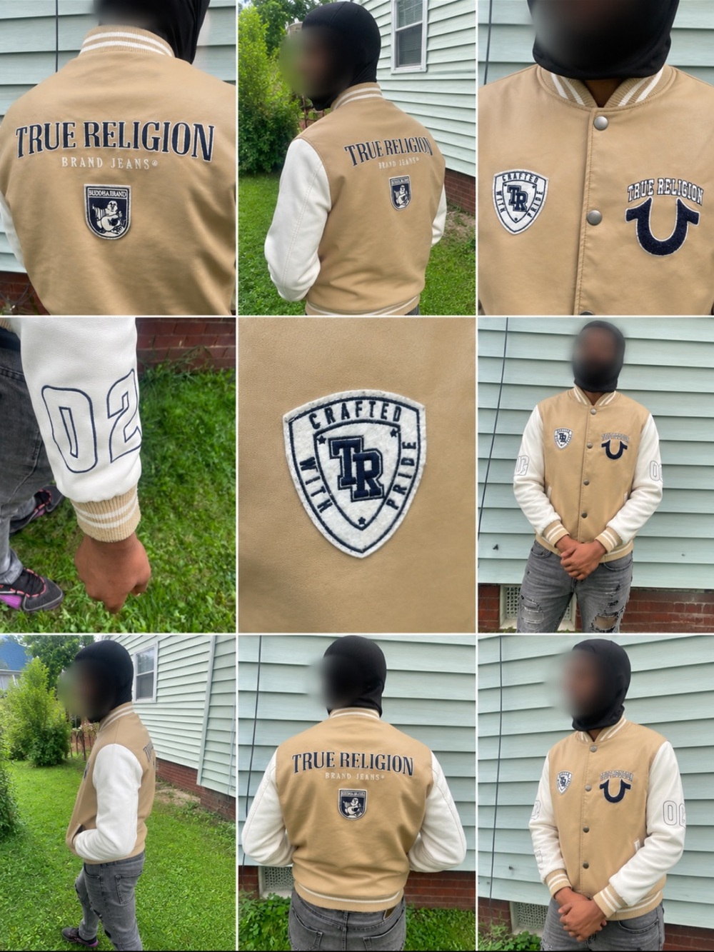 True Religion Tan and White Varsity Bomber Jacket